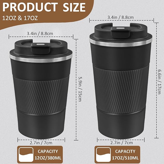 4 Pack Insulated Coffee Mug with Lid 17oz Travel Coffee Tumbler Stainless Steel Reusable Coffee Cups Thermal Coffee Mug for Hot and Iced Cold Drinks, Black