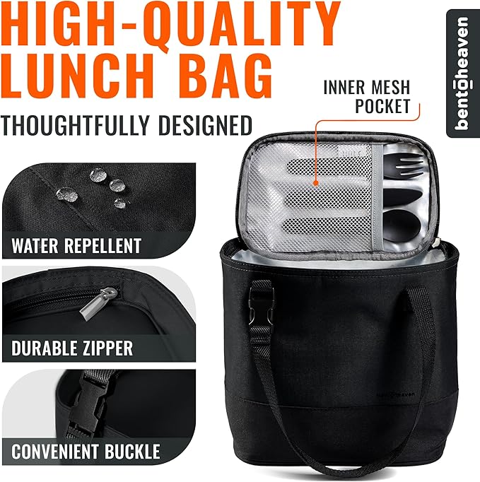 Bentoheaven Insulated Lunch Tote for Work - Durable Materials, Variable Strap/Handle, Wide Opening - Cooler Lunch Bag for Women & Men - Fits all major Bento Lunch Boxes and Other Containers (Black)