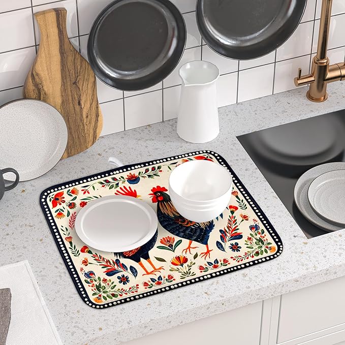 Roosters Chicken Dish Drying Mat for Kitchen Counter Absorbent Microfiber Drying Pad 16 x18 In