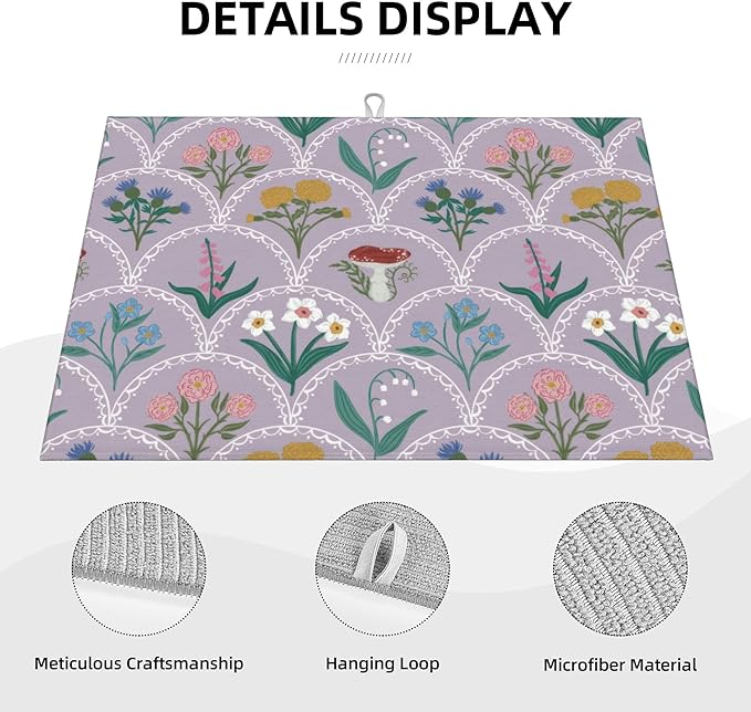 Vintage Flowers Dish Drying Mat 18x24 Inch, Microfiber Absorbent Fast Dry Mat Mushroom Floral Large Dish Mat Drying Kitchen Mat, Kitchen Drying Pad for Kitchen Counter Coffee Bar Decor Gifts