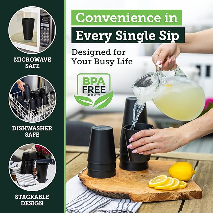 Grow Forward Premium Wheat Straw Cups - 13 & 20 oz Unbreakable BPA Free Hard Plastic Cups - Reusable Lightweight Plastic Drinking Glasses for Kitchen, Outdoor, Water, Camping, RV - Midnight