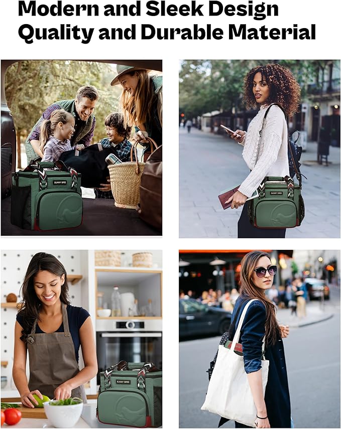 SUNNY BIRD 12L Large Insulated Lunch Bag, Foldable Lunch Cooler Box for Women Adult and Men, Fits 18 Cans (Green with Boho Strap)