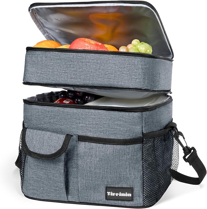 Tirrinia Large Insulated Lunch Box for Women Men, Double-Layer Leak-Proof Reusable Lunch Bag with 4 Pockets for Adult, Lunch Bag Cooler Tote for Office Work and Travel,Carbonarius