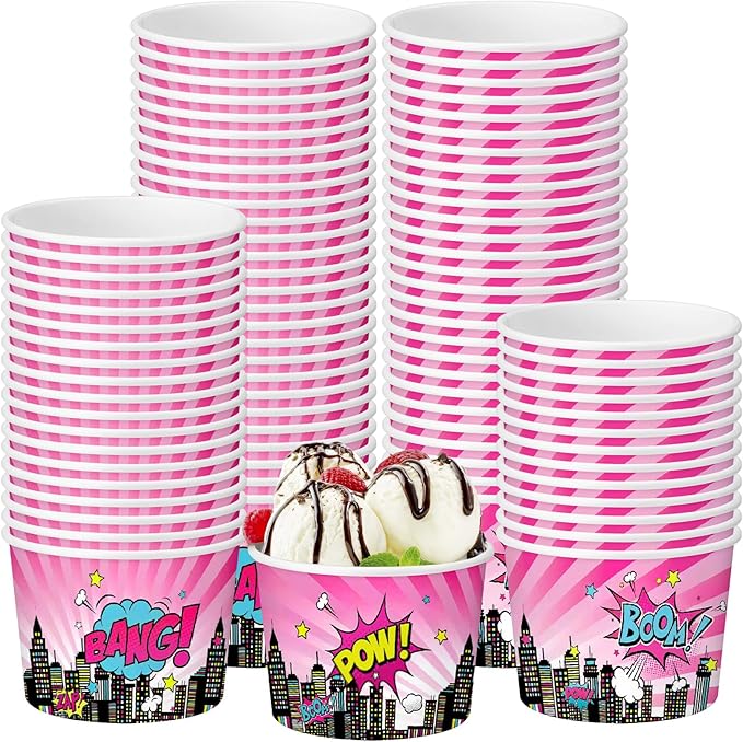 50 Pack Pink Hero Treat Snack Cups Girl Pink Comic Hero Ice Cream Cups 9 oz Super Theme Disposable Dessert Bowls Paper Soup Bowls for Hot or Cold Food for Birthday Baby Shower Party Supplies