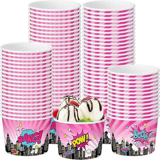50 Pack Pink Hero Treat Snack Cups Girl Pink Comic Hero Ice Cream Cups 9 oz Super Theme Disposable Dessert Bowls Paper Soup Bowls for Hot or Cold Food for Birthday Baby Shower Party Supplies