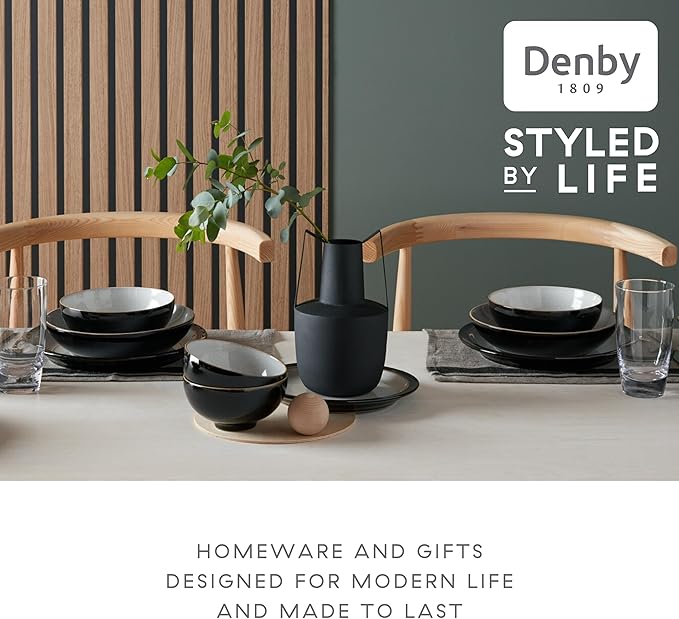 Denby - Elements Black Dinner Set For 4-12 Piece Simple Ceramic Stoneware Tableware Set - Dishwasher Microwave Oven Safe - Scratch Chip Resistant