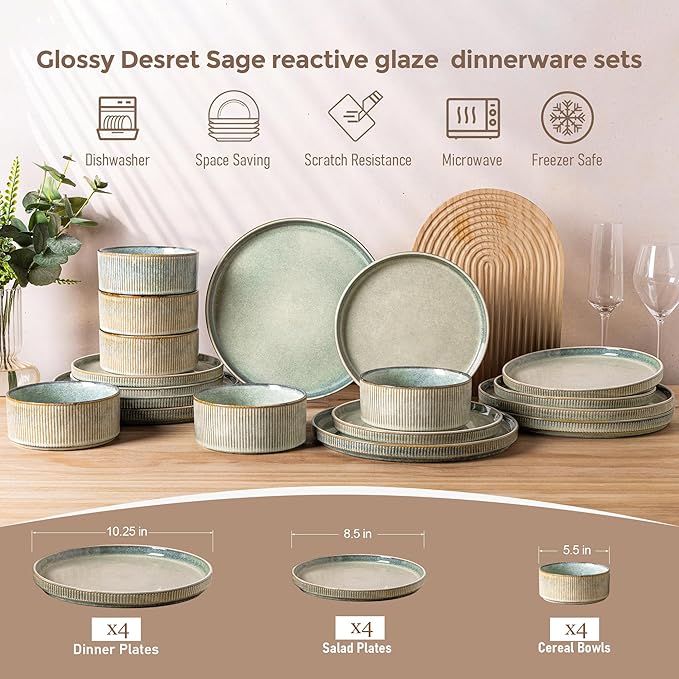 GBHOME Stoneware Dinnerware Sets for 4,Round Reactive Glaze Ceramic Plates and Bowls Set, Highly Scratch Resistant | Dishwasher & Microwave Safe Dishes Set,Service for 4(12Pcs)