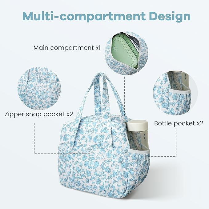 Yarnic Lunch Bag Women Men Insulated, Large Corduroy Lunch Box for Work with Bottle Pockets, Stylish Reusable Cooler Tote for Adults Teachers Picnic Hiking (Blue Flower)