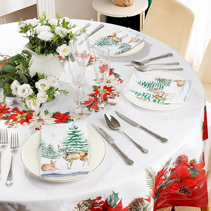 Winter Pine Tree Napkins, 18×18 Inch Woodland Deer Dinner Cloth Napkins Set of 4, Washable Cotton Soft Absorbent Square Napkins for Dining Kitchen Party Wedding Decoration