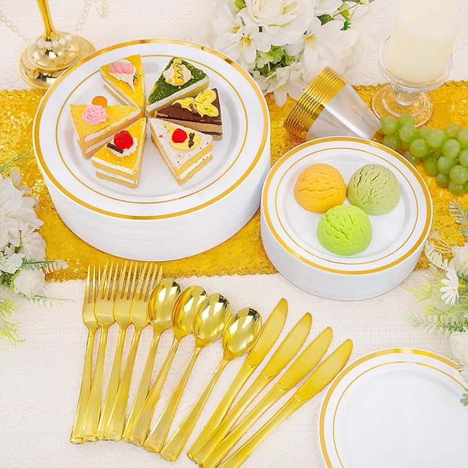 150 PCS Gold Disposable Dinnerware Set for 25 Guests, Gold and White Plastic Plates for Party, 25 Dinner & Salad Plates, 25 Cups, 25 Forks Knives Spoons for Wedding and Party Supplies