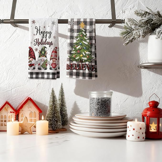 Christmas Dish Towels Set of 2-18"x26" Holiday Kitchen Towels with White & Black Checkered Design, Quick-Drying Xmas Themed Hand Towels