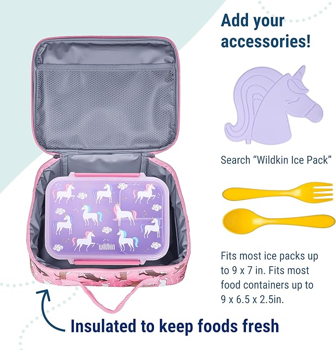 Wildkin Kids Insulated Lunch Box – Durable and Reusable for School & Travel - Horses in Pink