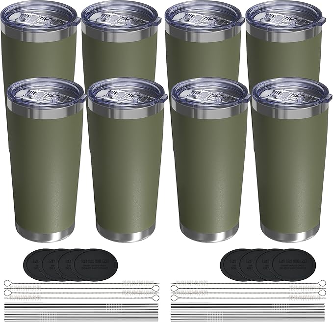 Travel Coffee Tumbler 20oz, 8 Pack Leakproof Travel Coffee Mug with Lid and Straw, Stainless Steel Double Wall Vacuum Insulated Tumbler for Hot/Iced Drinks (Textured Matte, Army Green)