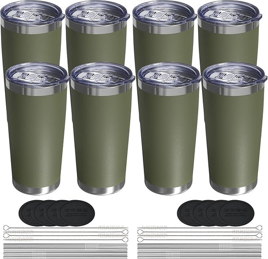 Travel Coffee Tumbler 20oz, 8 Pack Leakproof Travel Coffee Mug with Lid and Straw, Stainless Steel Double Wall Vacuum Insulated Tumbler for Hot/Iced Drinks (Textured Matte, Army Green)