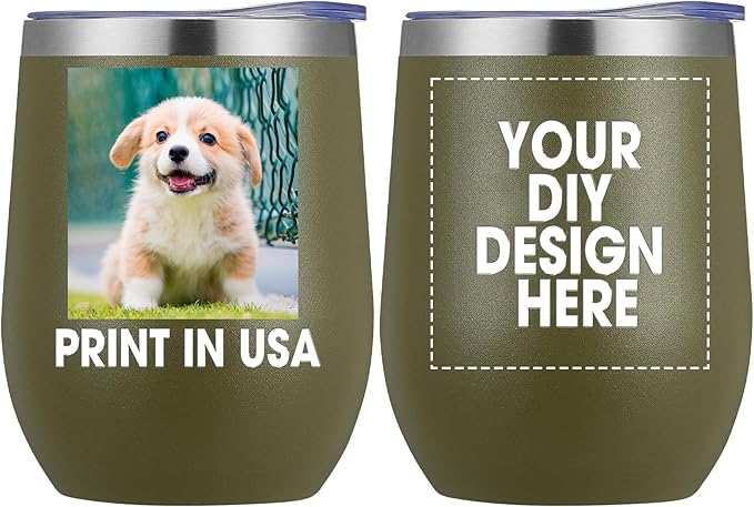 Personalized Custom Wine Tumbler Print in USA 12oz Stainless Steel Travel Coffee Cup with Lid & Straw Double Wall Insulated Mug with Colorful Text Logo Photo