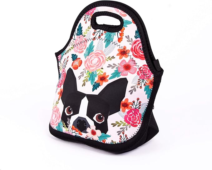 Boston Terrier Dog Florals Lunch Bag Cute Pug Lunch Bags for Women Kids Girls Men Teen Boys Insulated Waterproof Lunch Tote Colorful Flower Printed Box for Work Travel and Picnic
