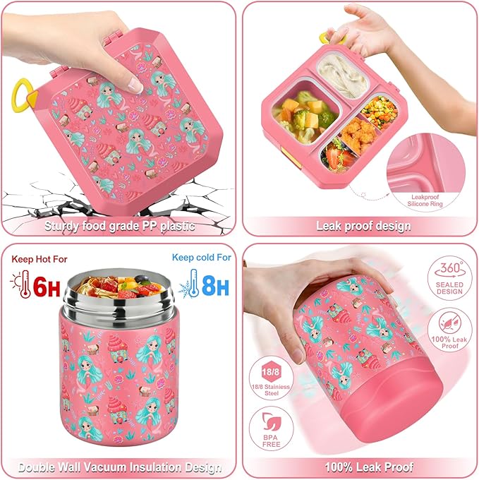 Bento Lunch Box for Kids with 12oz Soup Thermo Leak-Proof Lunch Food Container with 5 Compartment Thermo Hot Food Jar and Insulated Lunch Bag for Kid Toddler Girls Boys to School