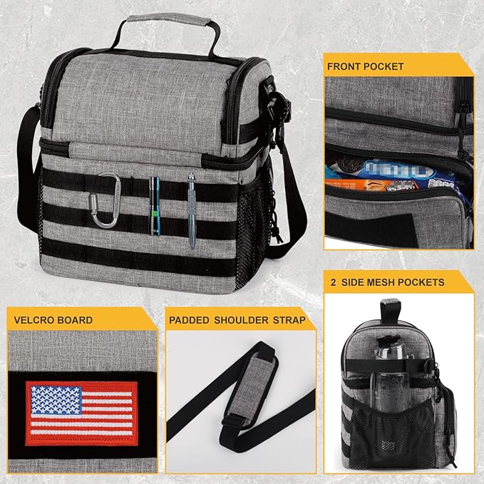 ATRIPACK 2 Compartment Lunch Bag for Men Adult, Tactical Lunch Box Leakproof Insulated Large Cooler Bag for Work with Adjustable Shoulder Strap Flag Double Layer Lunch Pail（Grey）