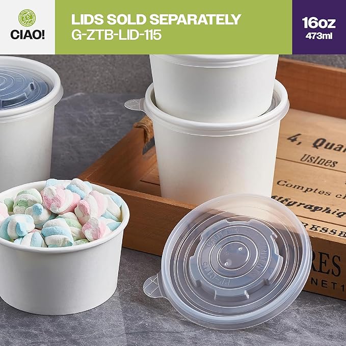 CIAO! 16OZ Disposable White Paper Food Container, 115mm Diameter, Lids Sold Separately (500/case)