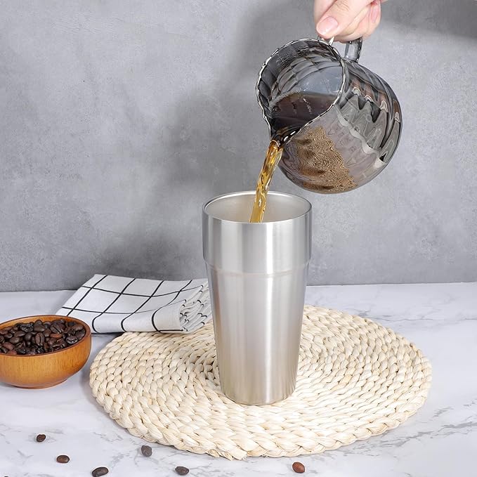 Beasea Stainless Steel Cups 19 oz, 4 Pack Large 18.6oz 550ml Stackable Stainless Steel Tumbler Double Wall Insulated Individual Metal Pint Glasses Tin Drinking Cups for Home Party Camping