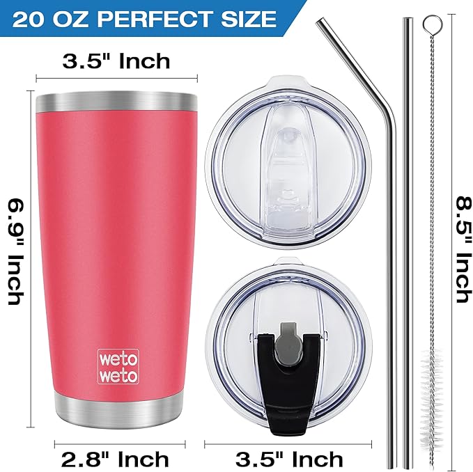 WETOWETO 20oz Tumbler with 2 lids and 2 straws, Stainless Steel Vacuum Insulated Water Coffee Tumbler Cup, Double Wall Powder Coated Spill-Proof Travel Mug Thermal Cup (Watermelon Red, 1 Pack)