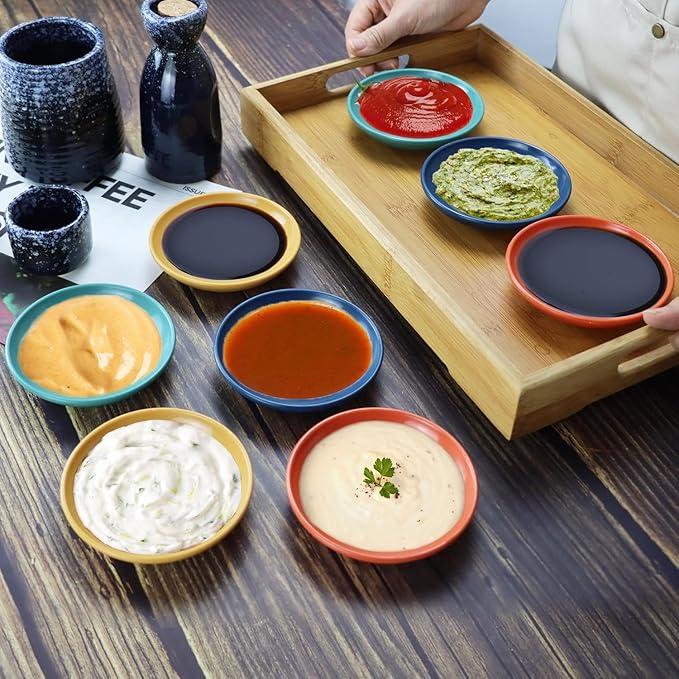 Wrova soy sauce dish 4 inch set of 8, small wheat straw plates 1.5oz for side dishes dishwasher safe, unbreakable plastic sauce dish for sushi,dishes,sauce...Colorful