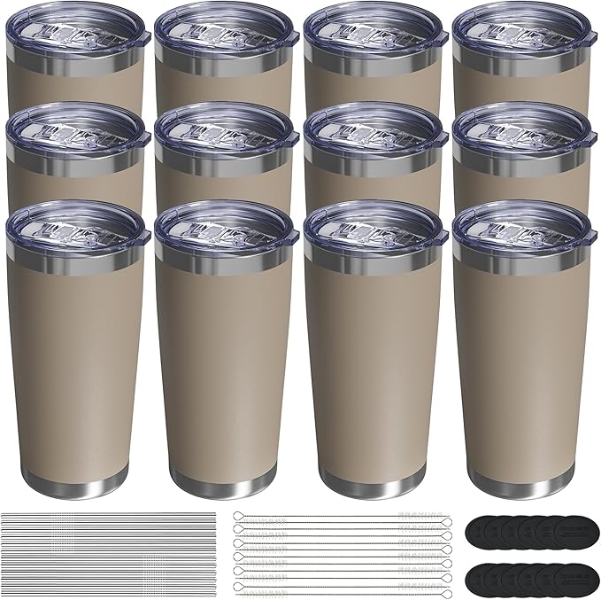 Travel Coffee Tumbler 20oz, 12 Pack Leakproof Travel Coffee Mug with Lid and Straw, Stainless Steel Double Wall Vacuum Insulated Tumbler for Hot/Iced Drinks (Textured Matte, Brown)