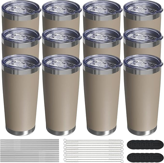 Travel Coffee Tumbler 20oz, 12 Pack Leakproof Travel Coffee Mug with Lid and Straw, Stainless Steel Double Wall Vacuum Insulated Tumbler for Hot/Iced Drinks (Textured Matte, Brown)
