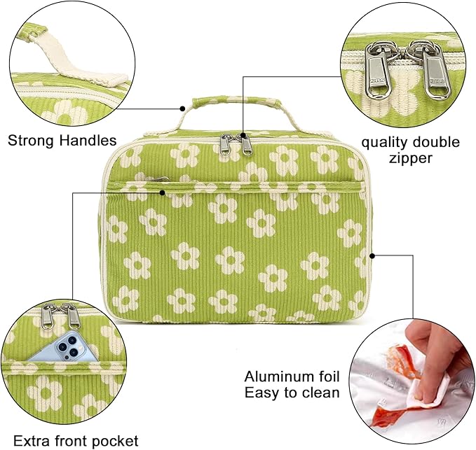 Bluboon Kids Girls Lunch Bag Insulated Lunch Box for school Corduroy Lunch Cooler Organizer School Kids Lunch Tote (Corduroy-Brown) (Beige Flower Green)