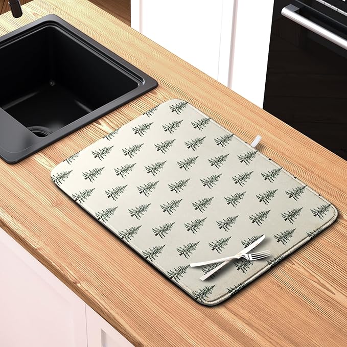 Christmas Tree Dish Drying Mat Winter Xmas Holiday Drying Mats Microfiber Absorbent Dishes Drying Pad Reusable Washable Kitchen Countertop Protector Dish Drainer Rack Mat 16x18 Inch