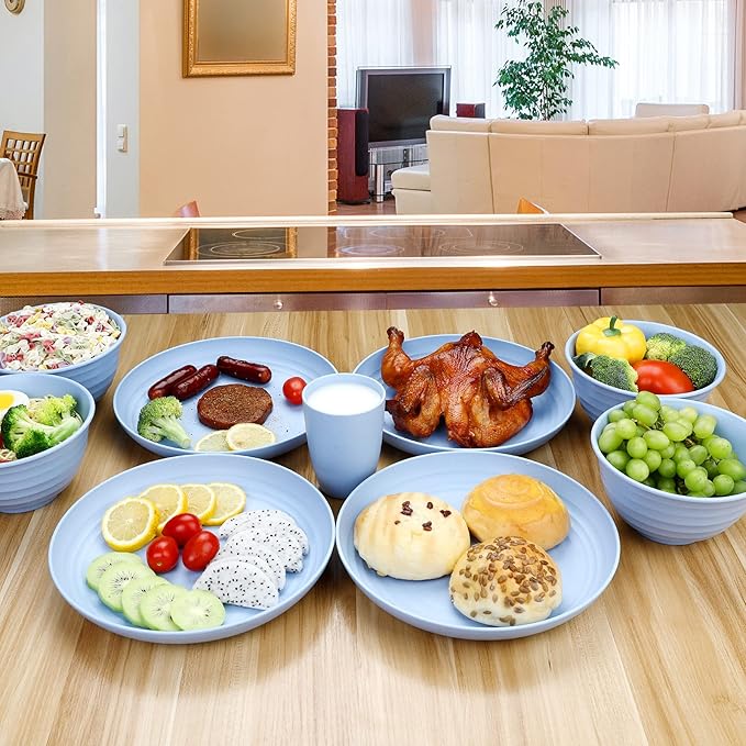 12pcs Plastic Wheat Straw Dinnerware Sets Service for 4, Cups, Plates and Bowls Sets Microwave Dishwasher Safe Lightweight