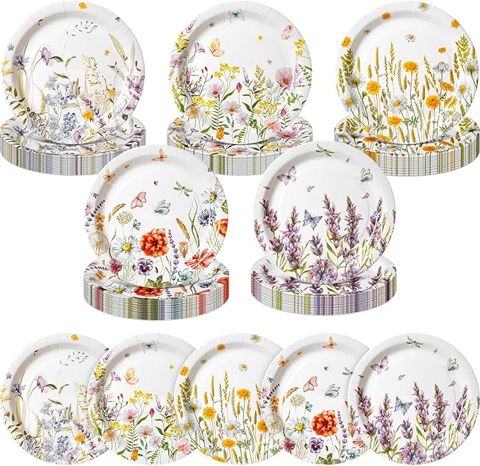 Zhehao 50 Pcs Wildflower Paper Plates 9 Inch Disposable Summer Plates Party Decoration for Birthday Picnic Spring Wedding Baby Shower