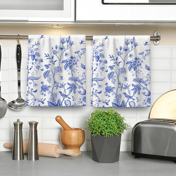 Chinoiserie Floral Kitchen Towels Decorative Set of 2, Soft Absorbent White Blue Flowers Bird Hand Tea Towels for Kitchen Farmhouse Holiday Home Decorations 16x24 Inch