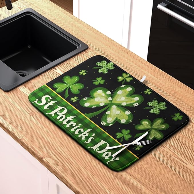 St Patrick's Day Dish Drying Mats for Kitchen Counter 16x18 Inch Lucky Clovers Shamrock Green Buffalo Plaid Drying Mat Microfiber Absorbent Dish Drying Pad Dish Drainer Rack Mats for Kitchen Sink