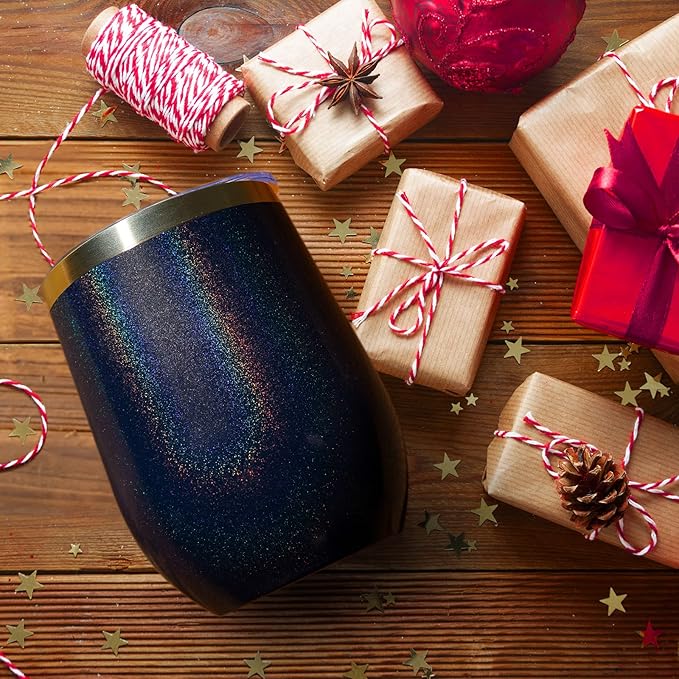 MEWAY 12oz/4 Pack Wine Tumbler Glasses with Lid - Stemless Double Wall Vacuum Stainless Steel Glitter Tumbler - Keeping Cold & Hot Cup for Coffee,for Women(Rainbow Navy,Set of 4)