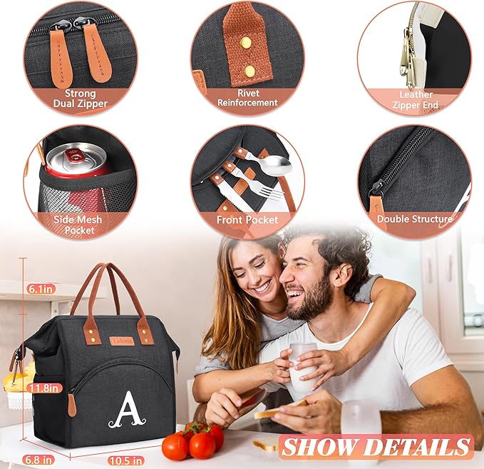 Personalized Lunch Box for Women, Initial Reusable Insulated Lunch Bag, Wide-Open Adult Lunchbox Cooler Lunchbag Snack Organizer, Initial Leakproof Lunch Tote Bag for Picnic Work Outdoors Black - S