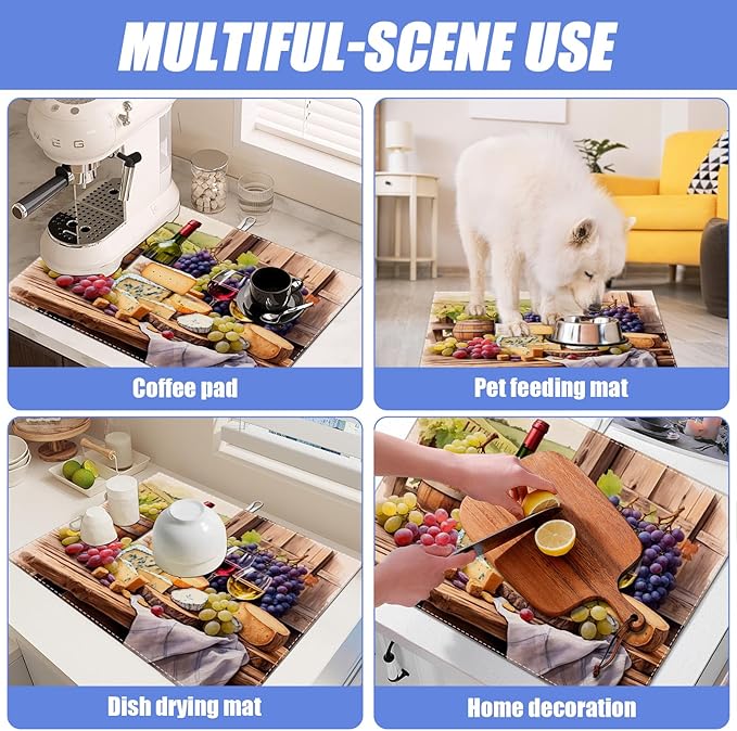 Vintage Red Wine Grape Dish Drying Mat for Kitchen Counter Drying Pad Absorbent Reversible Dish Drainer Rack Mats Draining Pad 18"x24"Inch