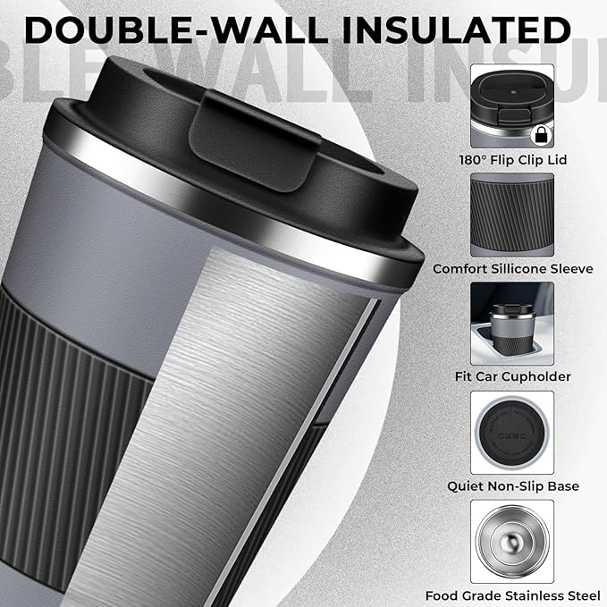 Insulated Coffee Tumbler 17 oz, Stainless Steel Coffee Mug with Lids, Travel Coffee Mug Leak Proof, Double Wall Vacuum Insulated Reusable Iced Coffee Cup, Keep Drinks Hot and Cold (Gray, 17 Ounces)