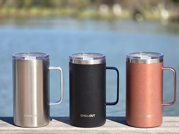CHILLOUT LIFE Stainless Steel 20 oz Vacuum Insulated Coffee Mug with Handle and Lid, Large Thermal Camping Coffee Mug Cup with Durable Sliding Lid for Men & Women, Keeps your Beverages Hot/Cold