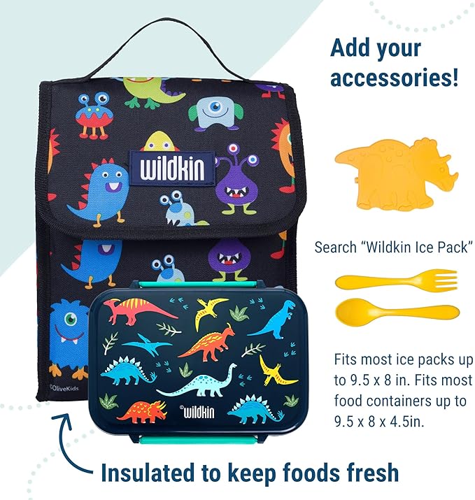 Wildkin Kids Insulated Lunch Bag – Reusable, Ideal for Hot/Cold Snacks, School & Travel - Monsters
