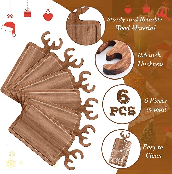 6 Pcs Christmas Appetizer Platter 12 Inch Cutting Board Acacia Serving Trays Wood Charcuterie Board Tray Snack Dessert Candy Dish Plate for Kitchen Gifts (Deer Antler,Rectangle)