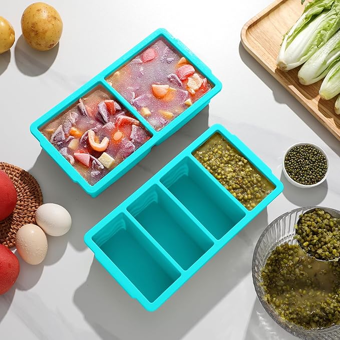 Silicone Freezer Molds for Soup with Lid, 1-Cup & 2-Cup Large Ice Cube Trays Food Storage Containers for Meal Prep, Freeze 250mL/125mL Portions – 2 Pack (1-Cup Green&2-Cup Blue)