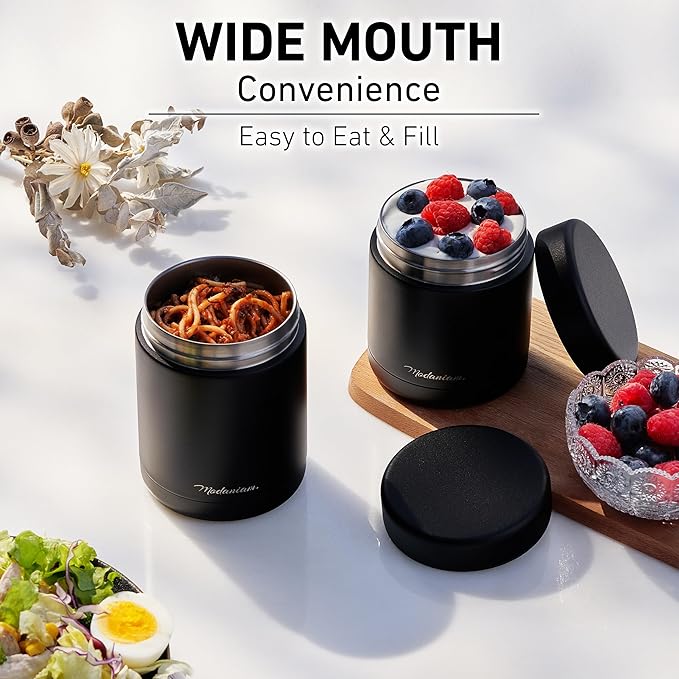 Stainless steel Insulated Food Jars set (16Oz + 12 OZ) wide mouth, Insulated Lunch Containers,Thermal Insulated food container, Hot Food Lunch Container, Hot Lunch Box - BlackPanther