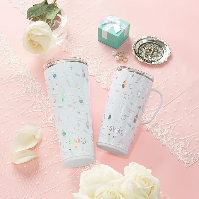 Swig Life 22oz Travel Mug, Insulated Tumbler with Handle and Lid, Cup Holder Friendly, Dishwasher Safe, Stainless Steel, Travel Coffee Cup, Insulated Mug with Lid (Bride to Be)