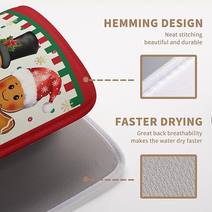 Christmas Gingerbread Man Dish Drying Mat Winter Large Kitchen Mats Dish Drying Pad Xmas Candy Absorbent Dish Dryer Mat for Kitchen Countertops Microfiber Drainer Pad Dish Drying Mats (18x24 in)