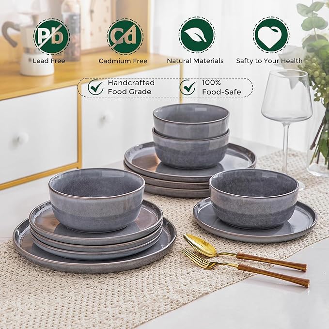 AmorArc Stoneware Dinnerware Sets,Round Reactive Ceramic Plates and Bowls Sets,Highly Scrath Resistant | Dishwasher & Microwave Safe Dishes,Service for 6 (18pc)