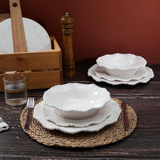 Cream 12pcs Beaded 100% Melamine Dinnerware Set, Elegant Scalloped Edge Durable & Shatterproof Outdoor Dining Set,Unbreakable Plates & Bowls Set for Indoor/Outdoor Use, Dishwasher Safe