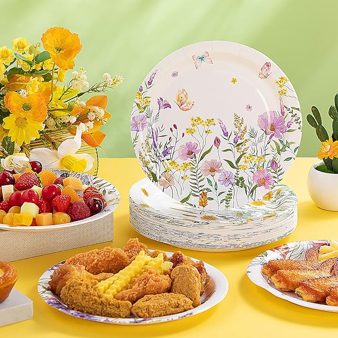 Zhehao 50 Pcs Wildflower Paper Plates 9 Inch Disposable Summer Plates Party Decoration for Birthday Picnic Spring Wedding Baby Shower