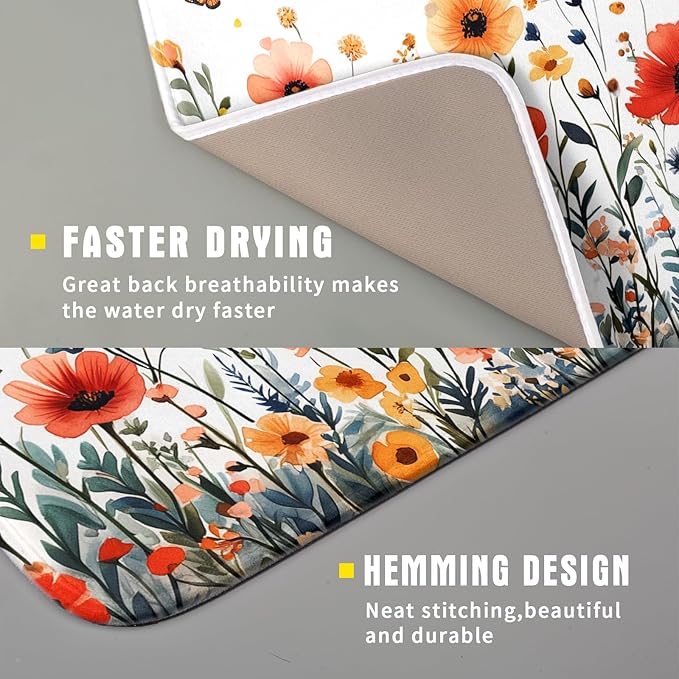 Poppy Flower Dish Drying Mat 16x18 Inch Floral Leaves Dish Drainer Protector Pad Washable Reversible Drying Pad for Kitchen Counter Sink