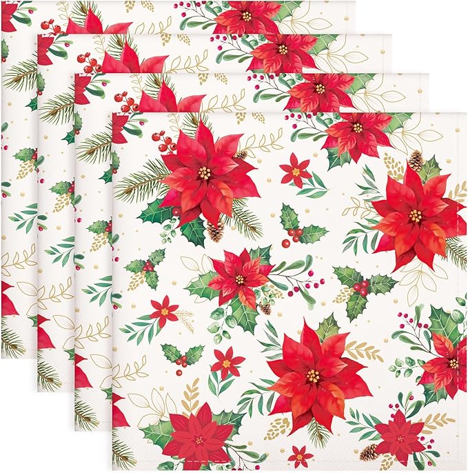 Christmas Red Flower Napkins, 18×18 Inch Dinner Cloth Napkins Set of 4, Washable Cotton Soft Absorbent Square Napkins for Dining Kitchen Party Wedding Decoration